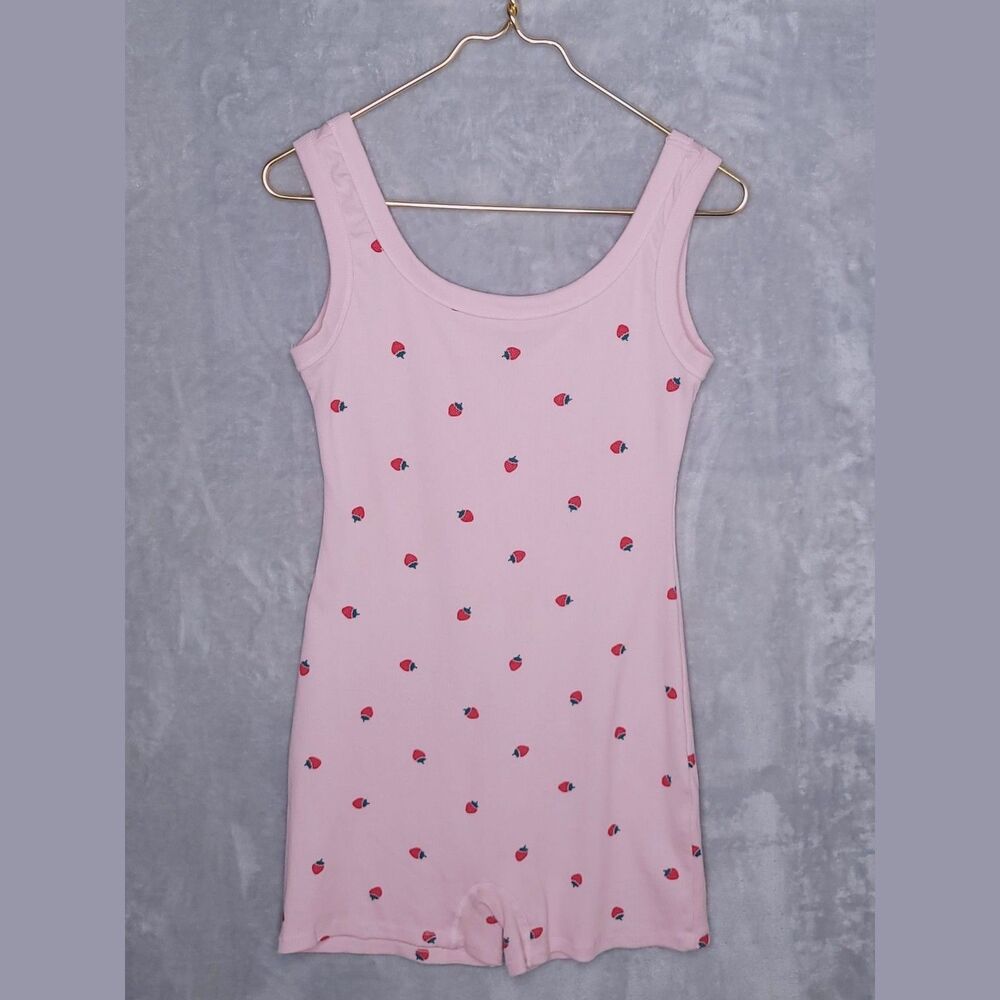 MESSY BUN Pink Strawberry Tank Romper Size L Cotton Stretch Loungewear